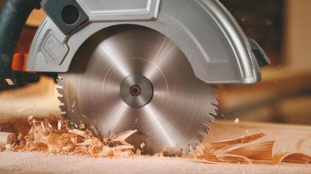Circular Saw Cutting Wood, Sawdust Flying in a Workshop photo