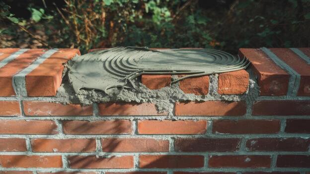 Red Brick Wall Being Constructed With Mortar in a Circular Pattern photo