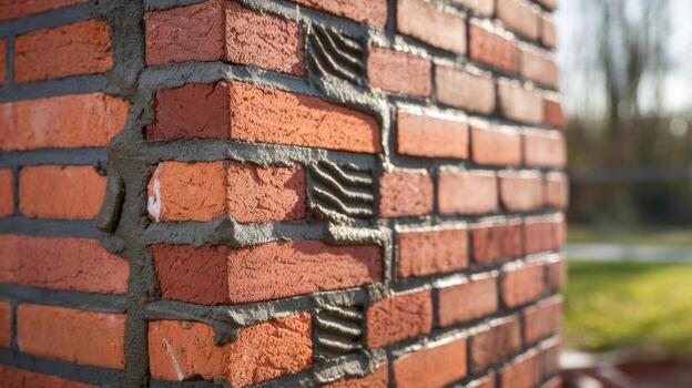 Close View of a Red Brick Wall Being Constructed With Gray Mortar photo