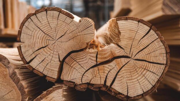 Close up Shows Cut Tree Logs Stacked at a Lumberyard on a Sunny Day photo