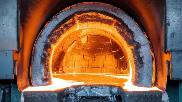 Molten Metal Flows From Open Furnace at a Metalworking Factory photo