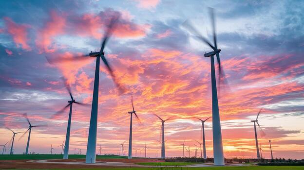 Wind Turbines Generating Power at Sunset in Rural Area photo