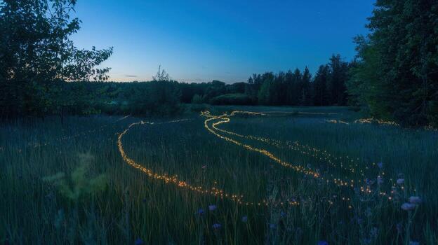Field of Fireflies Illuminates a Winding Path at Dusk in Rural Pennsylvania photo