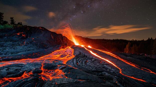 Volcano Erupts With Glowing Lava Flows Under a Starry Night Sky in Hawaii photo