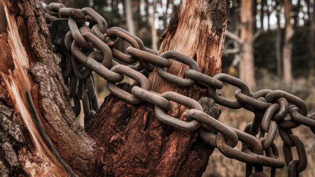 Old Rusted Metal Chain Wraps Around a Weathered Tree in a Forest During the Daytime photo