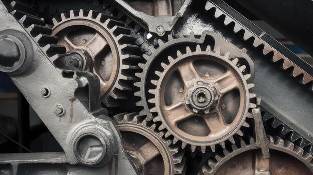 Close up View of Metal Gears and Cogs in Machinery, Showcasing Industrial Mechanics photo