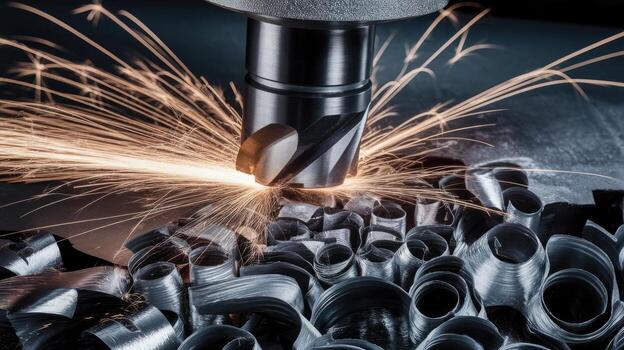 Metal Cutting Process Using a Mill Resulting in Sparks and Metal Shavings photo