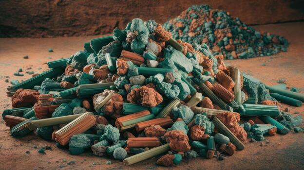 Pile of Colorful Rocks and Mineral Specimens on a Rough Surface photo