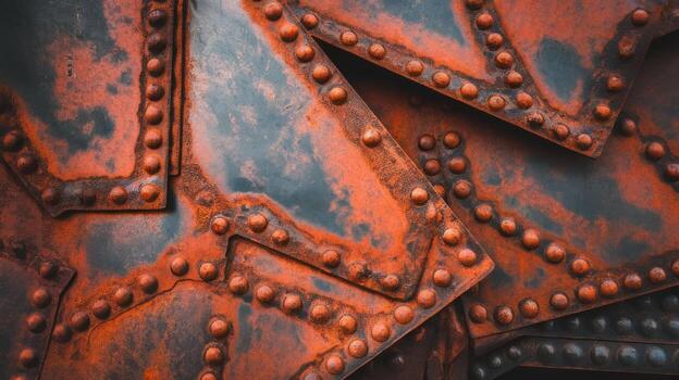 Close up of Weathered Riveted Steel Plates Showing Heavy Rust and Paint Discoloration photo