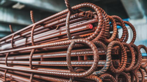 Close up View of Stacked Rusted Reinforcing Steel Bars Ready for Construction photo