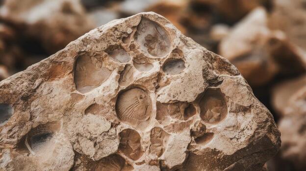 Close up Shows Fossils Embedded in a Rock Formation at a Geological Site photo