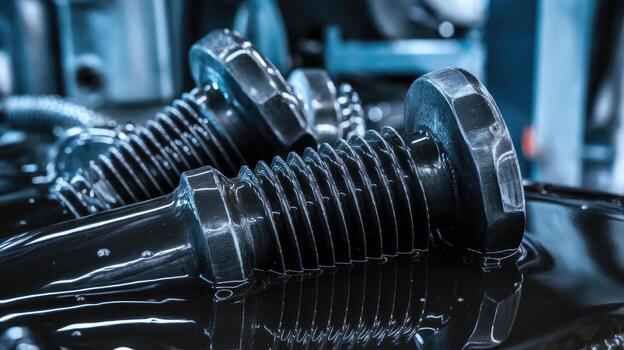 Shiny Metal Bolts Rest in an Oily Substance Inside a Machine Shop photo