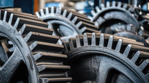 Close up of Interlocking Metal Gears in an Industrial Setting, Showing a Mechanical Process photo