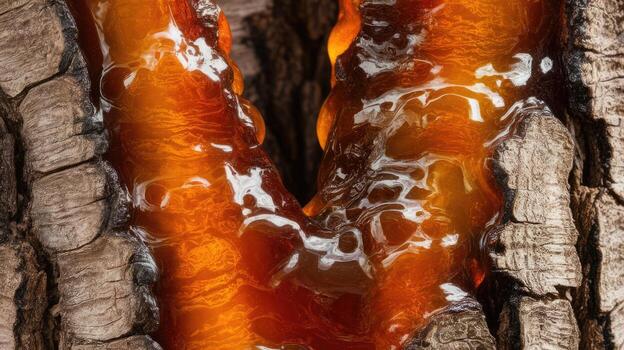 Amber Resin Dripping Down the Side of Rough Tree Bark in Daylight photo