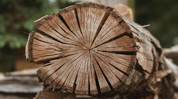 Close up of Chopped Firewood Shows Radial Cracks and Weathered Texture of the Log photo