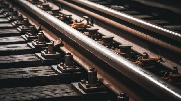 Close View of Two Parallel Railroad Tracks on Dark Weathered Wooden Sleepers photo