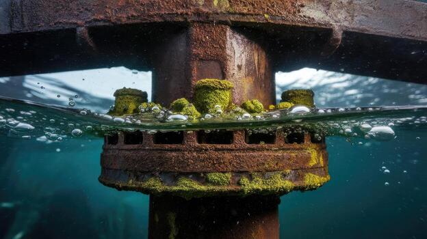 Rusty Metal Structure Partially Submerged in Clear Water With Moss Growth photo