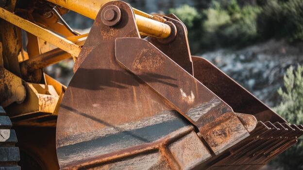 Close up of a Yellow and Rusty Excavator Bucket in a Natural Environment photo