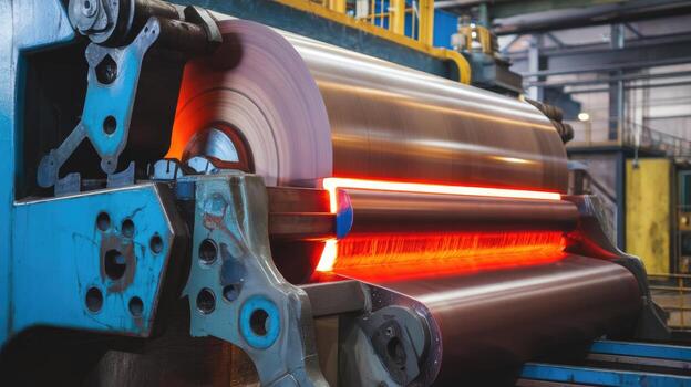 Hot Steel Bar Being Shaped and Processed by Heavy Machinery in a Factory photo