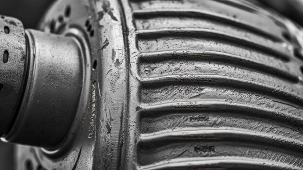 Close up View of Worn Metal Part With Ridges and Holes on Grey Backdrop photo