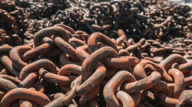 Pile of Old Metal Chains With Visible Rust Sits in the Sunlight photo