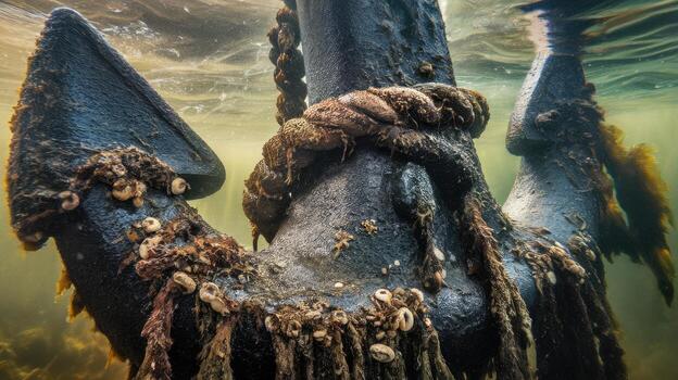 Sunken Ship Anchor Rests at the Bottom of the Ocean, Encrusted With Marine Life photo