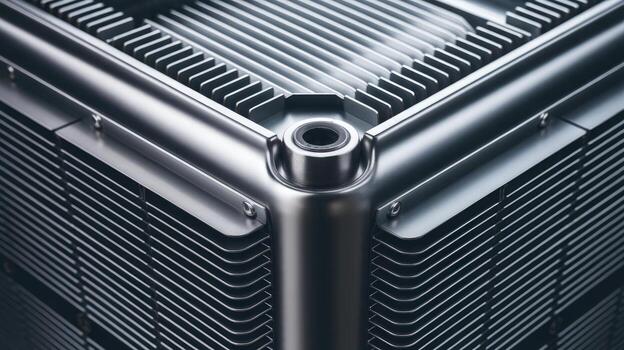 Close up of Metal Heat Sink Shows Fins and Structure at Corner Joint photo