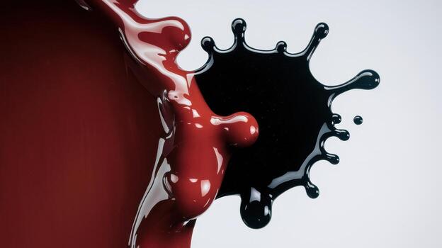 Red and Black Paints Mixing Create Interesting Shapes on White Background photo