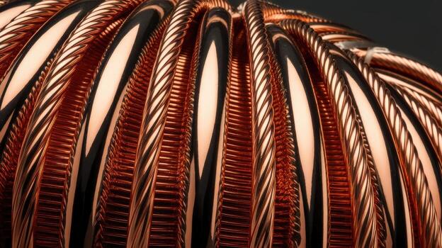 Close up View of Neatly Coiled Copper Wires in a Stack in a Dark Setting photo