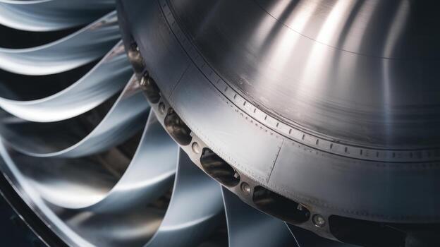 Close up of a Powerful Jet Engines Fan Blades and Metallic Casing Design photo