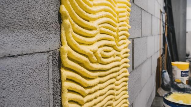 Yellow Foam Insulation Applied to a Gray Concrete Block Wall During Construction photo