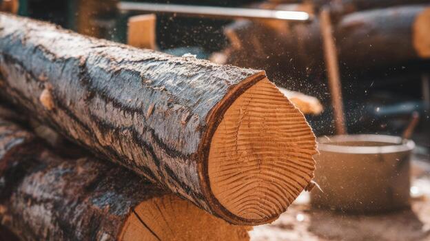 Log Cutting Process With a Circular Saw in a Lumber Yard During Daytime photo