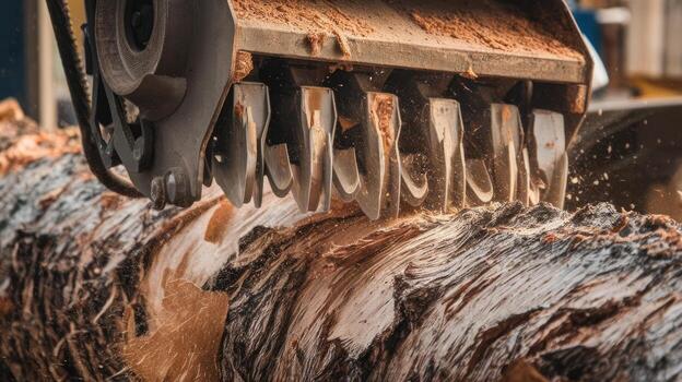 Machine Cutting a Tree Trunk Into Wood Material at a Lumber Mill photo
