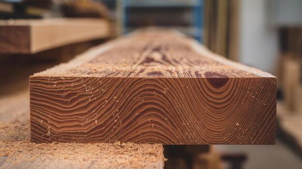 Close up of Freshly Cut Douglas Fir Board Shows Distinct Grain Pattern photo