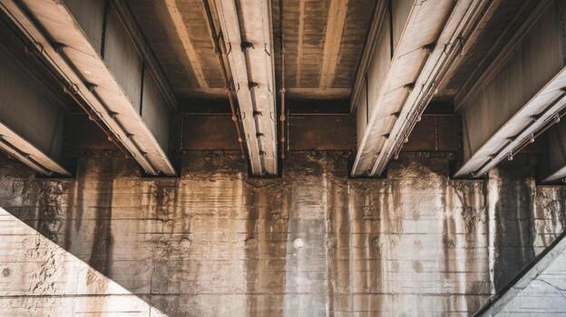 Looking Upwards at the Structure of a Bridge With Aged Concrete Supports photo