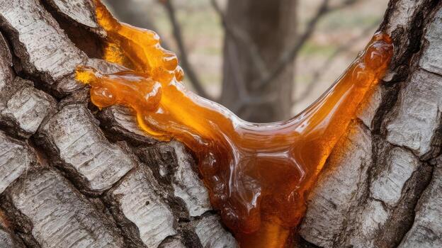 Amber Resin Flowing Down the Gray Cracked Bark of a Tree in the Forest photo