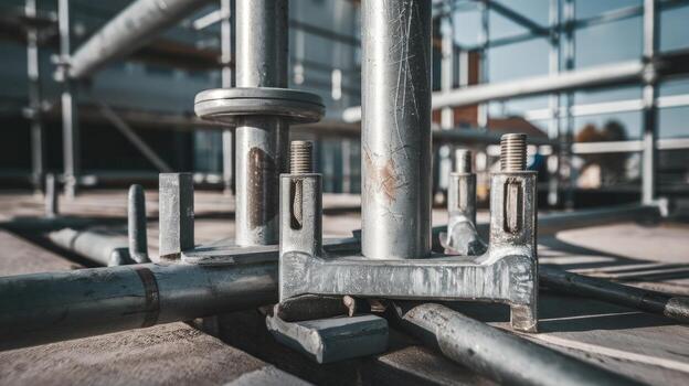 Close View of Assembled Metal Scaffolding on a Construction Site photo
