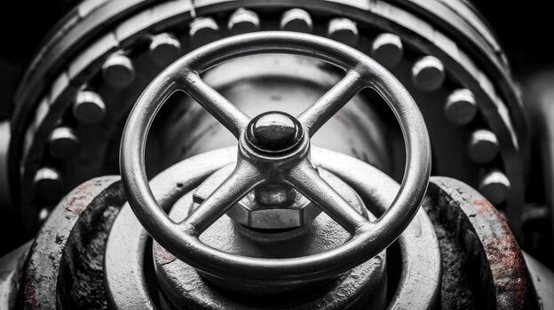 Large Metallic Industrial Pipeline Valve With Visible Bolts Close Up photo