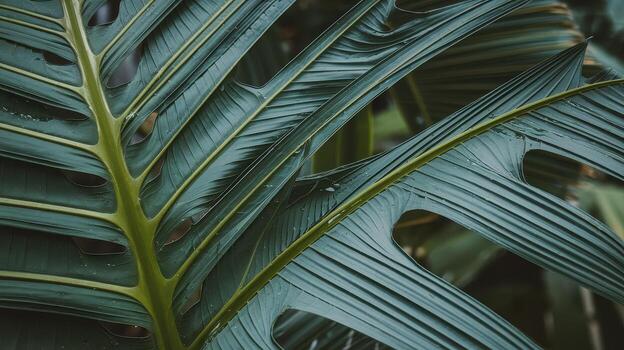 Close up of a Monstera Leaf Showing Its Split Shape and Unique Texture in a Tropical Garden photo