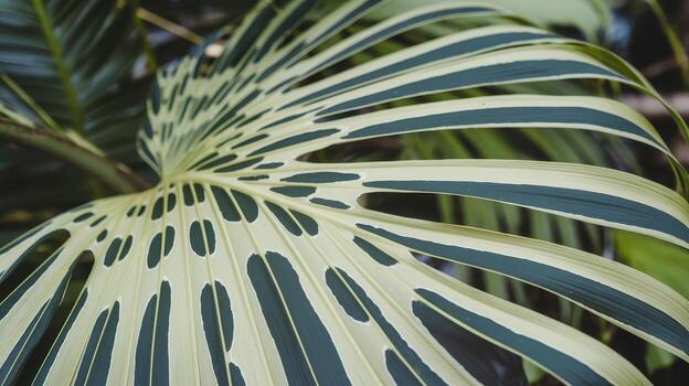 Close up of a Palm Leaf With Green and Cream Stripes in Garden photo
