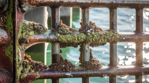 Barnacles and Moss Growing on a Rusty Metal Grate by the Ocean in the Sunlight photo