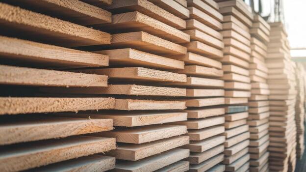 Stack of Lumber Showing Wood Grain and Raw Cut Edges at Lumberyard photo