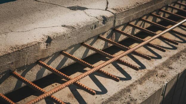 Rusty Metal Reinforcing Bars Sit Between Weathered Concrete Steps photo