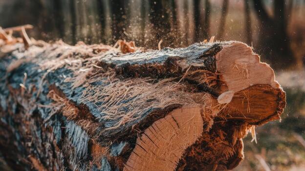 Log Cutting in the Forest in Afternoon Sunlight With Wood Shavings photo