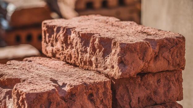 Close Up of Stacked Red Bricks for Construction, Afternoon Sunlight photo