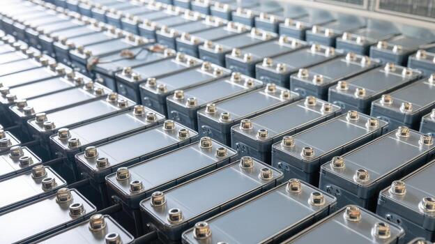 Array of Silver Electric Batteries Stored Indoors in Factory photo