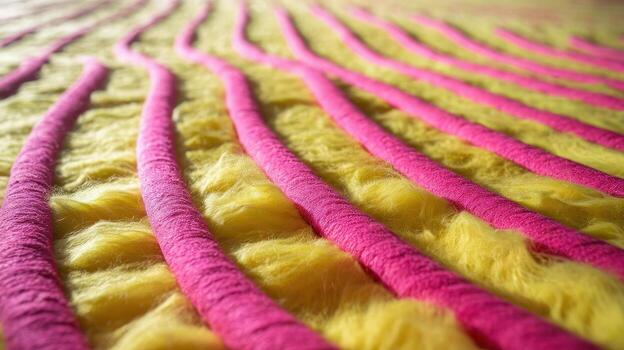 Vivid Pink Cord Laid Across Fluffy Yellow Rug Creating Abstract Pattern photo