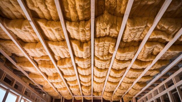 Installing Yellow Fiberglass Insulation in a New House Ceiling photo