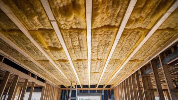 Installing Yellow Insulation Between Ceiling Joists in a New House Under Construction photo