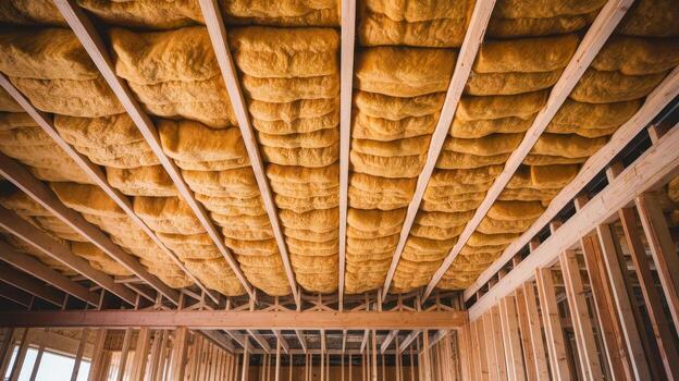 New Building Insulation Between Wooden Studs in a Residential House photo